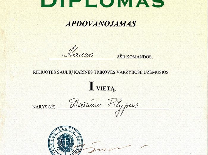 2001 10 14 – LŠS karinės trikovės 1 vietos diplomas