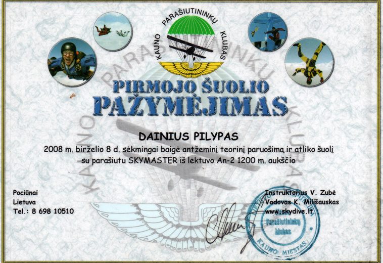 2008 06 08 – Pirmojo šuolio su parašiutu SkyMaster pažymėjimas