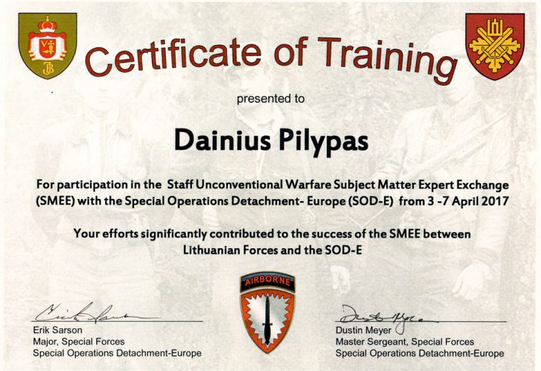 2017 04 07 – Unconventional Warfare training certificate